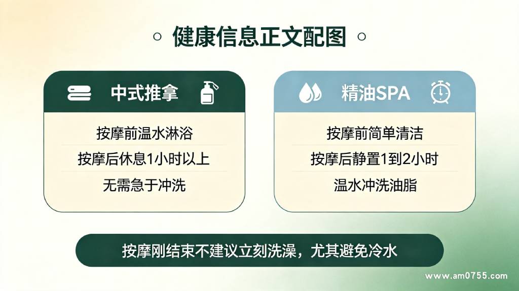 中式推拿可按摩前温水淋浴,精油 SPA 建议事前简单清洁、按摩后静置 1 到 2 小时再温水冲洗。按摩刚结束不建议立刻洗澡,尤其避免冷水。 中式推拿和精油 SPA 洗澡时间建议,按摩后休息再温水冲洗