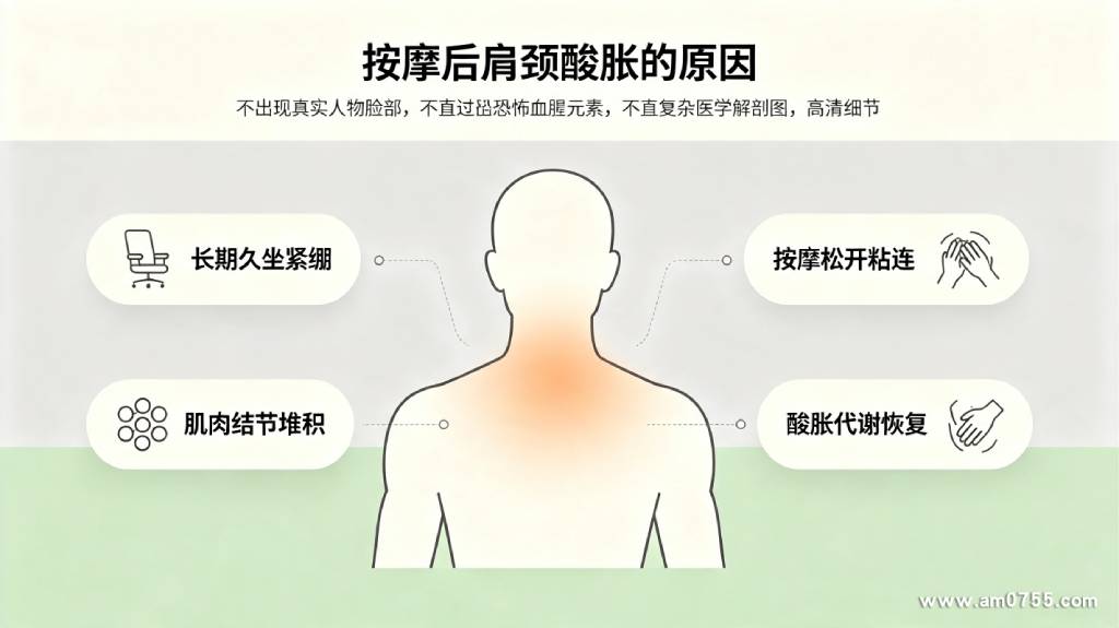 久坐肩颈僵硬人群按摩后常见酸胀反应,与肌肉结节、筋膜粘连和代谢废物排出有关,多数情况下属于短暂放松恢复过程。 按摩后肩颈酸胀原因,肌肉结节劳损代谢示意图