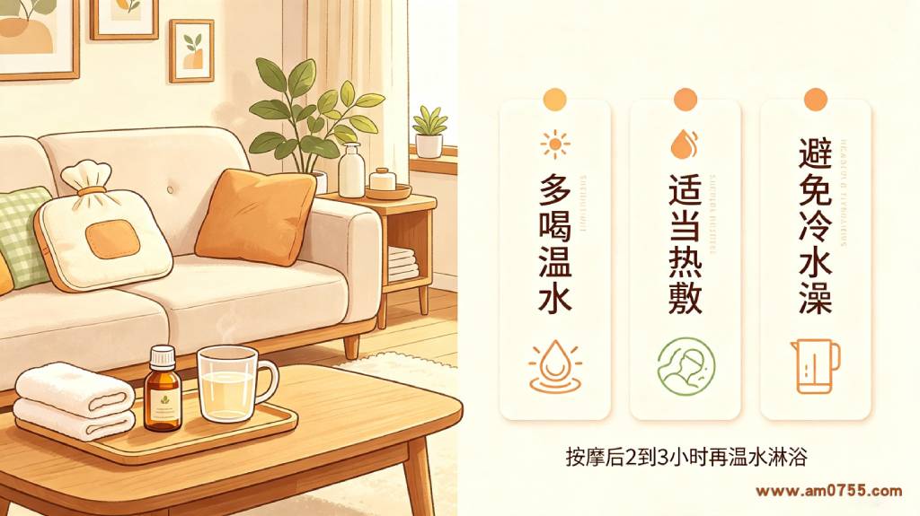 按摩后轻微酸胀可通过多喝温水、适当热敷、休息和避免受凉来缓解,当天不建议剧烈运动或长时间久坐。 按摩后居家缓解小技巧,多喝水、热敷、避免冷水澡