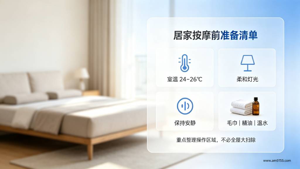 深圳上门按摩居家准备示意图 深圳上门按摩前居家环境准备,按摩垫、毛巾、精油和温水杯整齐摆放