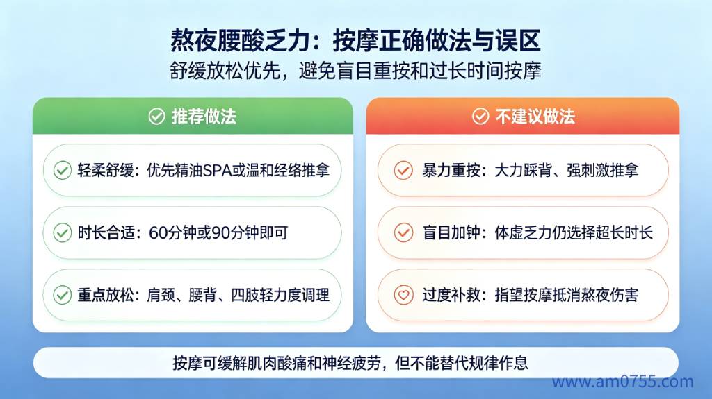 熬夜腰酸乏力:按摩正确做法与误区对比参考 熬夜腰酸乏力按摩正确做法与误区对比,轻柔舒缓、合适时长、避免大力重按