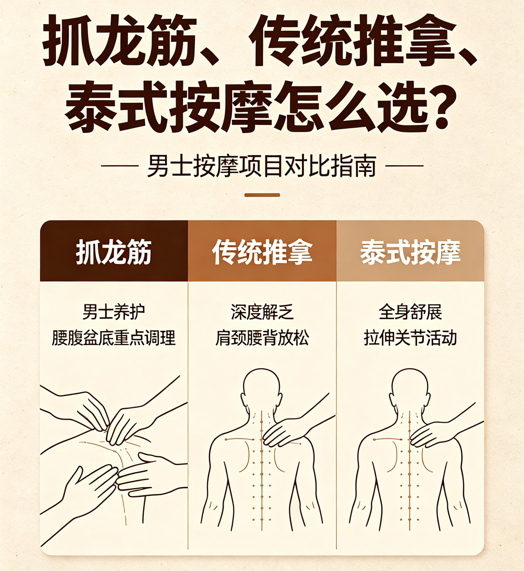 抓龙筋、传统推拿、泰式按摩怎么选？男士按摩项目对比指南