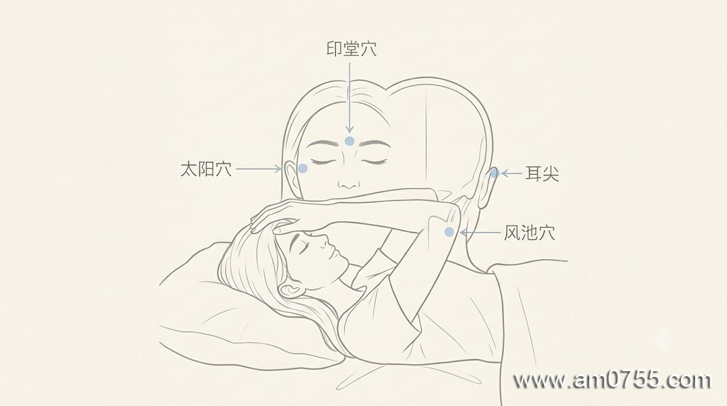 助眠头部按摩位置示意图，印堂太阳穴风池