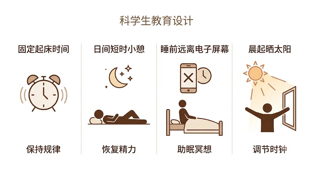 不要强行一次性早睡,采用每日提前 15-30 分钟入睡的方式,固定起床时间,白天小憩控制在半小时内。