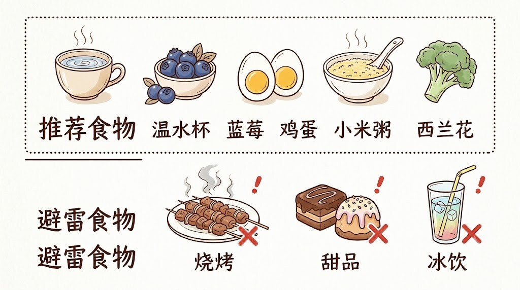 熬夜人群饮食调理科普图,推荐护肝清淡食物,避开夜宵重油甜食