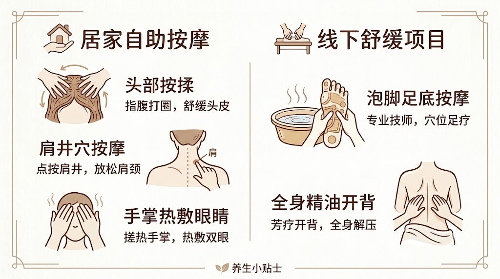熬夜容易引发头晕眼胀、肩颈僵硬。居家可以做头部、肩颈、眼部自助按摩;也可选择泰式拉伸、传统推拿放松身心。